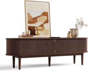 LINSY HOME Fluted TV Stand for 75" TV, Mid-Century Modern 70" Entertainment Center with Sliding Tambour Door and Storage Cabinet, Cruved TV Media Console Table for Living Room, Bedroom, Walnut