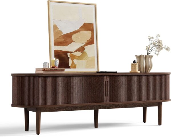 LINSY HOME Fluted TV Stand for 75" TV, Mid-Century Modern 70" Entertainment Center with Sliding Tambour Door and Storage Cabinet, Cruved TV Media Console Table for Living Room, Bedroom, Walnut