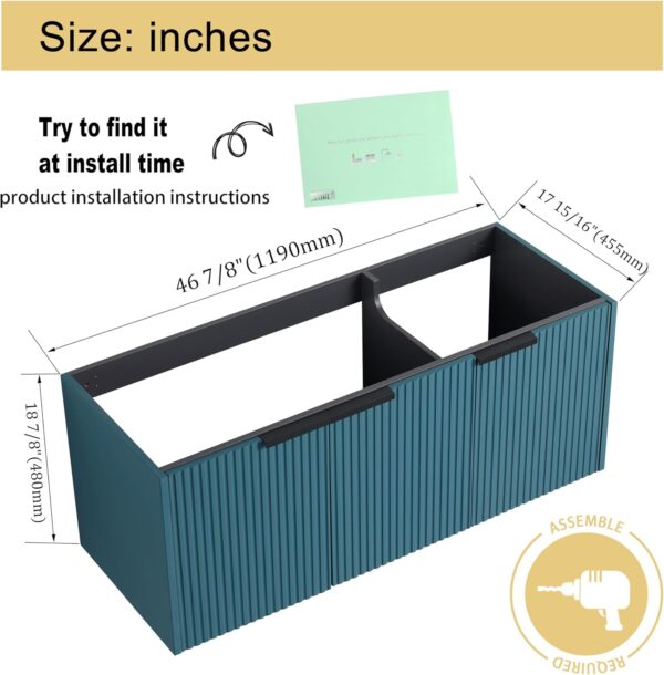 48" Floating Bathroom Vanity Without Sink, 48 inch Wall Mounted Bathroom Cabinet, Modern Lake Blue Cabinet with 3 Soft Close Doors, Basin not Include(MA10348DLBE-C)