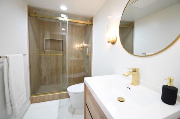56"- 60" W×76" H Frameless Stainless Steel Bypass Shower Door and Two Towel Bars in Satin Brass and 3/8" (10mm) Certified Tempered Clear Glass. The Royal Series UKD01-6076-TT-SB