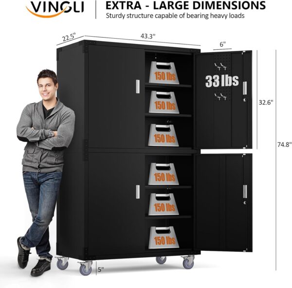 VINGLI Large Garage Storage Cabinet with 4 Doors, Upgraded Height & Wide & Deep, 43''W x 23''D x 75''H, Oversized Metal Storage Cabinet with Pegboards Wheels Locks and Adjustable Shelves (Black)