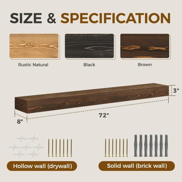 Fireplace Mantel Handmade, 3'' Thick Wall Decor Long Floating Shelf, 72inch Rustic Wood Shelf with Invisible Brackets, Brown