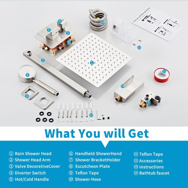 Brushed Nickel Shower Tub Faucet Set, Wall Mounted 10 Inch Shower Heads with Handheld Spray Combo and Tub Shower Faucet, Luxury Bathroom Square Rain Shower System - 4 Hooks