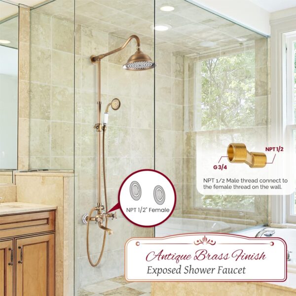 gotonovo Shower Fixture Faucet Set Complete Antique Brass Exposed Pipe Shower System 8 Rain Shower 2 Double Knobs Handle Triple Function Tub Spout Shower Combo Unit Set