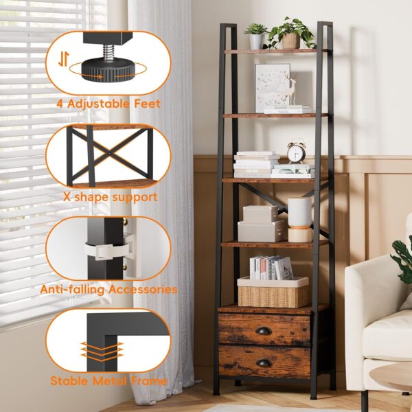 Furologee 5-Tier Ladder Shelf with 2 Drawers,Narrow Bookshelf Storage Shelves,Industrial Bookcase Freestanding Rack Units for Bedroom,Living Room,Bathroom,Home Office,Balcony,Wood Metal,Rustic Brown