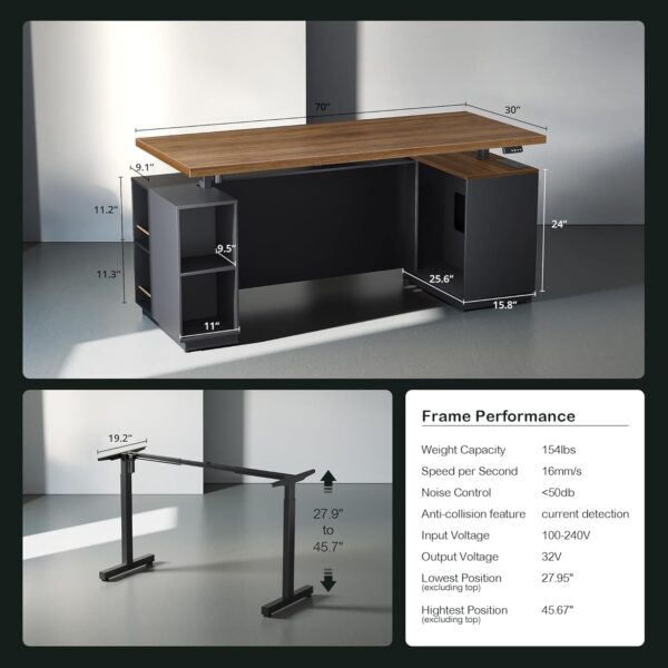 70" Standing Desk with 2 File Cabinet, AC/USB, 1.18" Desktop, L Shaped Height Adjustable Desk, Electric Furniture Set with Multiple Functions for Home and Office, Black Walnut