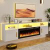 70" Floating TV Stand with 36" Electric Fireplace - Wall Mounted Entertainment Center with LED Lights & Storage Cabinet, Modern Media Console for Living Room, Supports TVs up to 80" (White)