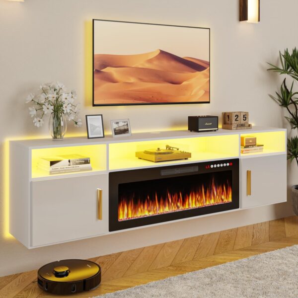 70" Floating TV Stand with 36" Electric Fireplace - Wall Mounted Entertainment Center with LED Lights & Storage Cabinet, Modern Media Console for Living Room, Supports TVs up to 80" (White)