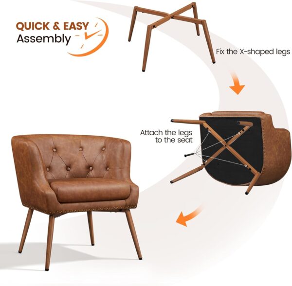 Yaheetech Modern Accent Chair, PU Leather Retro Armchair, Upholstered Barrel Chair with Metal Leg and Comfy Seat Cushion for Living Room Bedroom, Retro Brown