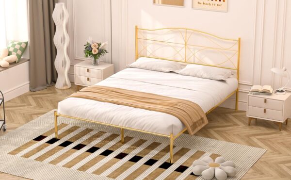 VECELO Queen Size Bed Frame, Gold Metal Bed Platform with Headboard, Sturdy Steel Slats Support, No Box Spring Needed/Noise-Free,Easy Assembly, Black