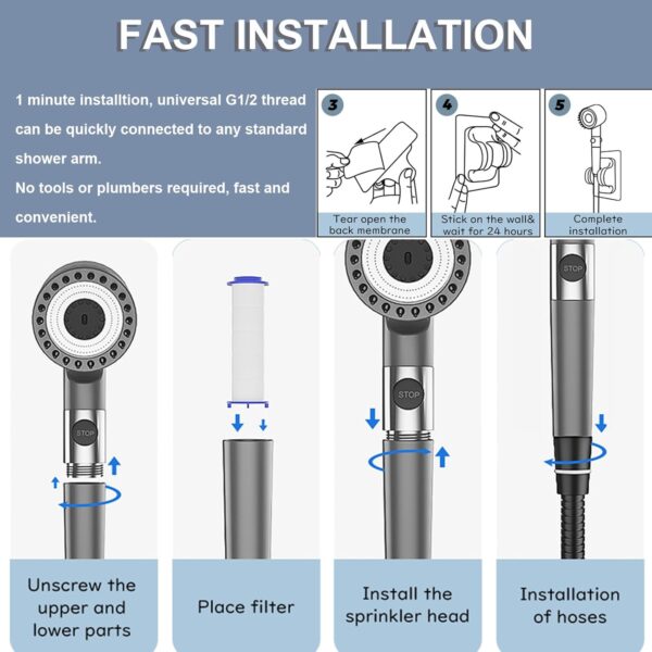 Ion Drops Shower Head with 60 Inch Hose, 4 Spray Mode Showerhead with Handheld for Hard Water, Detachable Shower Filter Head High Pressure Shower Head with On/Off Switch, Grey