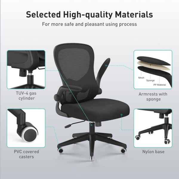 Hbada Office Chair Ergonomic Desk Chair, Office Chairs with PU Silent Wheels, Breathable Mesh Computer Chair with Adjustable Lumbar Support, Flip-up Armrests, Tilt Function, Black