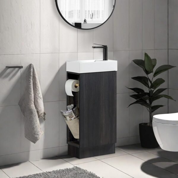16“ Bathroom Vanity Sink Combo for Small Space, Modern Floor Standing Small Bathroom Vanity with Sink, Bathroom Cabinet Set with 2 Toilet Paper Holders, Black Wallnut