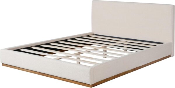Merax Queen Size Bed Frame, Elegant Fabric Upholstered Platform Bed with Tall Padded Headboard for Bedroom, Solid Wood Slats Support, No Box Spring Needed, Easy Assembly, White