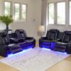 Leather Power Recliner Sofa Set with LED, Living Room Furniture Set, Leather Sofa Set with USB Port Storage Console Cup Holder (Leather Sofa and Loveseat Set, Black)