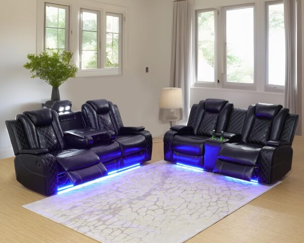 Leather Power Recliner Sofa Set with LED, Living Room Furniture Set, Leather Sofa Set with USB Port Storage Console Cup Holder (Leather Sofa and Loveseat Set, Black)