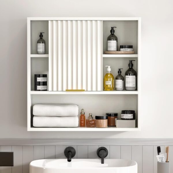 Fluted Bathroom Wall Cabinet, Wooden Medicine Cabinet with Sliding Door Adjustable Shelf, Modern Bathroom Wall Mounted Cabinet Kitchen Living Room, White