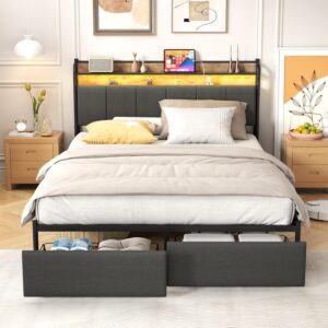 LED Queen Bed Frame with Storage and Headboard, USB & AC Outlet Charging Station, Queen Size Platform Bed with RGB LED Lights, Upholstered Fabirc Headboard, No Box Spring Needed, Grey