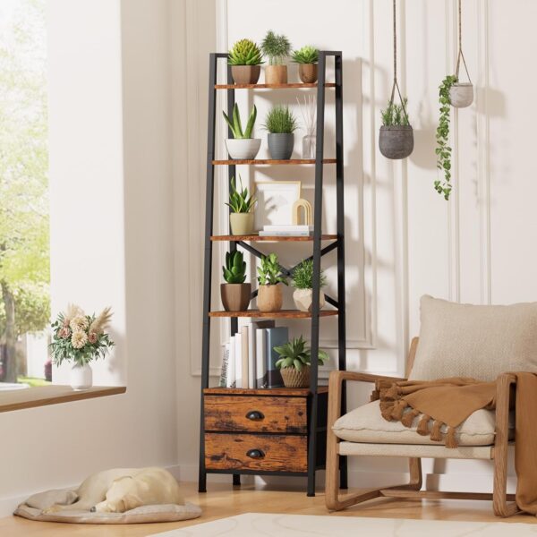 Furologee 5-Tier Ladder Shelf with 2 Drawers,Narrow Bookshelf Storage Shelves,Industrial Bookcase Freestanding Rack Units for Bedroom,Living Room,Bathroom,Home Office,Balcony,Wood Metal,Rustic Brown