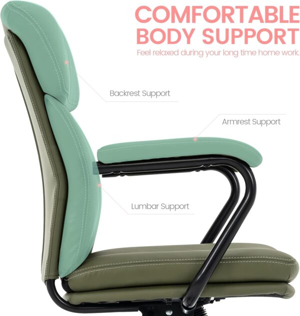 Home Office Chair, Modern Upholstered Mid-Back PU Leather Task Desk Chair with Arms, Adjustable Rocking Swivel Computer Chair with Wheels (Olive Green)