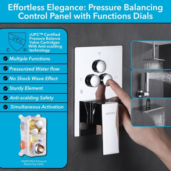 VANFOXLE Shower Faucets Sets Complete Chrome Shower System with Tub Spout Push Button Diverter Shower Faucet Fixtures with 2 in 1 Handheld, 10 Inch Shower Head(Rough-in Valve Body and Trim)