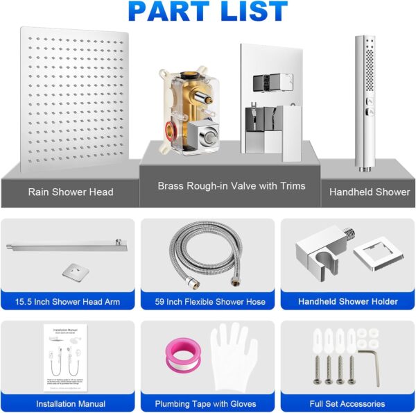 Shower Faucet Set, 12 Inch Polished Chrome Shower System, Wall Mounted Rain Shower Head with 2 in 1 Handheld Spray, Modern Square Shower Head Rainfall Shower Head System, Shower Valve Trim Kit
