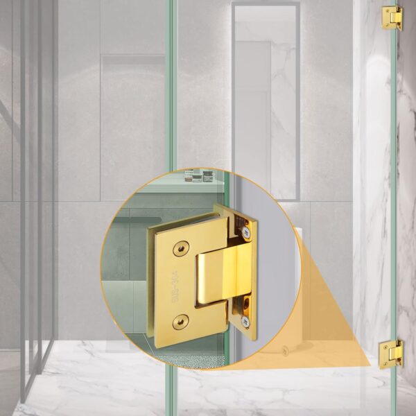 2Pack Glass Gold Shower Door Hinges Stainless Steel 90 Degree Heavy Duty Brushed Gold Shower Door Hinges Replacement Parts with Mounting Hardware, Bathroom Gate Clamp for 3/8” to 1/2”Glass
