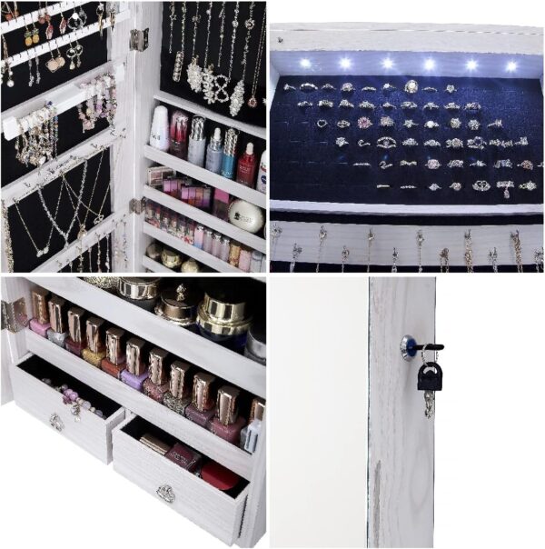 47" H Jewelry Armoire Full Length Mirror Cabinet Storage Organizer w/LED Light Wall-Mounted/Door-Hanging Lockable for Bedroom Makeups White