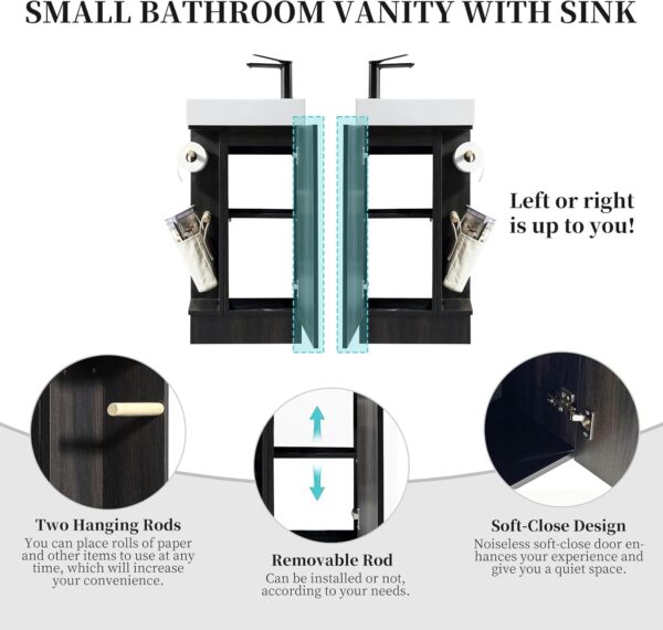 16“ Bathroom Vanity Sink Combo for Small Space, Modern Floor Standing Small Bathroom Vanity with Sink, Bathroom Cabinet Set with 2 Toilet Paper Holders, Black Wallnut