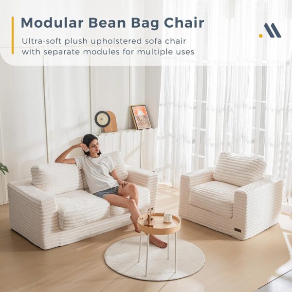 MAXYOYO Giant Bean Bag Chair for Adults, Upholstered Loveseat Floor Sofa with Pillows and Armrests, Large Bean Bag Sofa Plush Chair Couch for Bedroom Living Room, White
