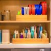 Umilife Kitchen Cabinet Organizer for Food Storage Container Lids, with Adjustable Dividers, Bamboo Drawer Caddy, Box for Kitchen Storage And Organization