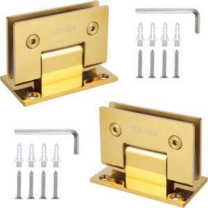 2Pack Glass Gold Shower Door Hinges Stainless Steel 90 Degree Heavy Duty Brushed Gold Shower Door Hinges Replacement Parts with Mounting Hardware, Bathroom Gate Clamp for 3/8” to 1/2”Glass