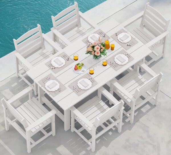 71HrVs6kW8L._AC_SL1500_.jpg SERWALL 7-Piece Patio Dining Table Sets, Outdoor HDPE Dining Furniture Set with Umbrella Hole Cut-Out Table and 6 Chairs, White