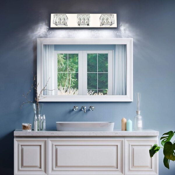 ZUZITO Modern Bathroom Vanity Lights - Crystal 3 Light Vanity Lighting Fixtures - Chrome Bathroom LED Light Fixture Over Mirror 6000K Cool White Light