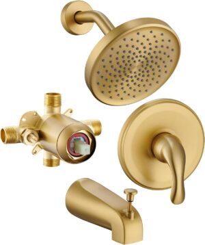 Brushed Gold Shower Tub Faucet Set With Valve - Gold Shower Head and Handle Set, Shower Faucet Set With 6 Inch Rain shower Head and Tub Spout, High-Pressure Tub Shower Trim Kit