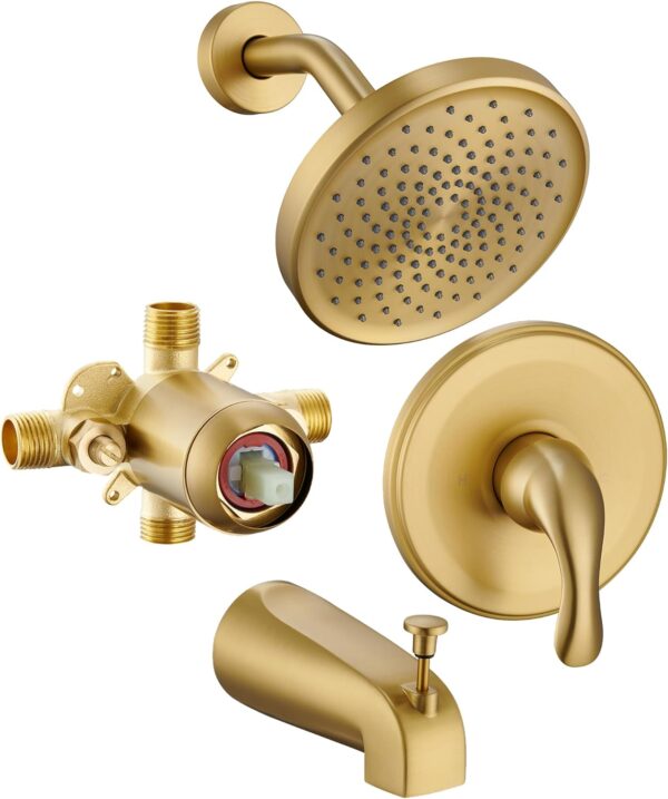 Brushed Gold Shower Tub Faucet Set With Valve - Gold Shower Head and Handle Set, Shower Faucet Set With 6 Inch Rain shower Head and Tub Spout, High-Pressure Tub Shower Trim Kit
