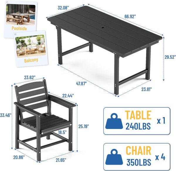 FOOWIN Outdoor Table and Chairs Set 5-Piece HDPE All Weather Patio Dining Set with Umbrella Hole,Outdoor Patio Furniture Dining Set for 6,Patio Kitchen Table Set for Garden,Backyard,Poolside Black