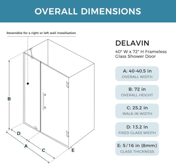 DELAVIN 40" W x 72" H Frameless Glass Shower Door, Hinged Single Swing Shower Door with Stainless Steel Hinges and Handle, Matte Black Shower Doors can be Installed Left and Right, Magnetic Closing