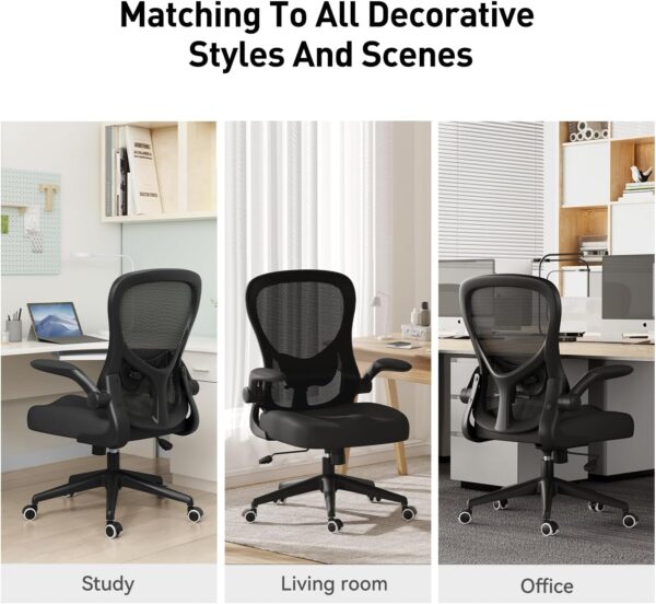 Hbada Office Chair Ergonomic Desk Chair, Office Chairs with PU Silent Wheels, Breathable Mesh Computer Chair with Adjustable Lumbar Support, Flip-up Armrests, Tilt Function, Black