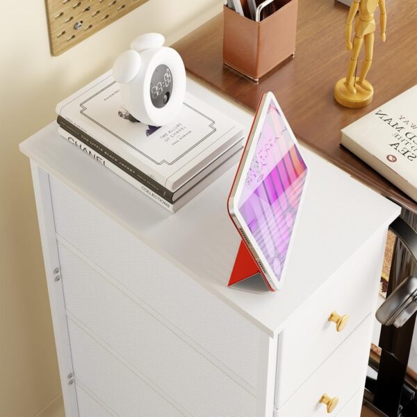 Fixwal Narrow Storage Cabinet, Narrow Nightstand Dresser with 4 Drawers, Slim Fabric Dresser Storage Tower for Small Spaces, White Dresser, for Bedroom, Bathroom, Laundry, Closet