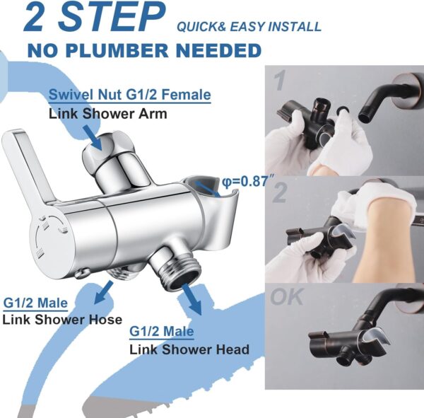 High Pressure All Metal 3 Way Shower Diverter Valve with Hand Shower Holder, G1/2 Shower Head Splitter, Shower Arm Diverter, Bathroom Universal Shower System Replacement Part (Chrome)