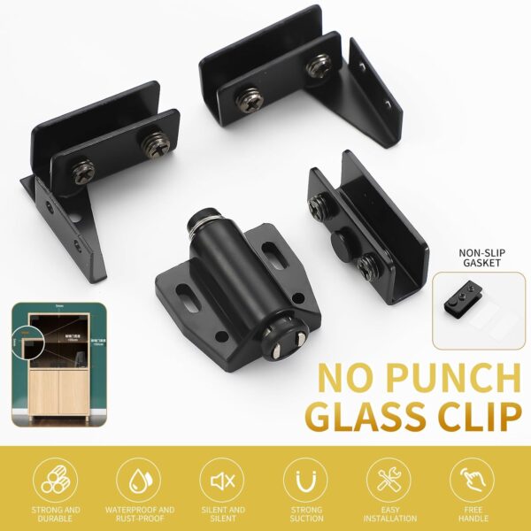 Stainless Steel Glass Door Hinge Double Head Magnetic Catch Closures with ABS Clamp Set for 5-7mm Glass Doors (1, Black)