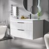 30" Bathroom Vanity with Sink, Floating Vanity Bathroom Sink Cabinet Wall Mount, Soft-Close Function 2 Large Drawers, Grooved Stripe Design, Hidden Damping Drawers, White