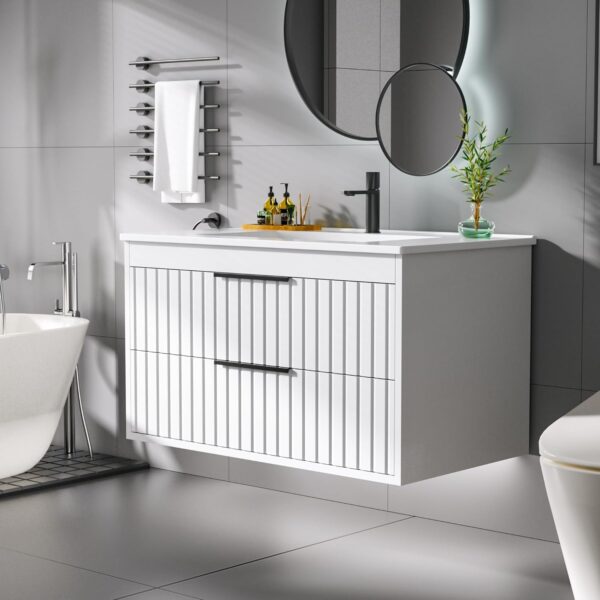 30" Bathroom Vanity with Sink, Floating Vanity Bathroom Sink Cabinet Wall Mount, Soft-Close Function 2 Large Drawers, Grooved Stripe Design, Hidden Damping Drawers, White