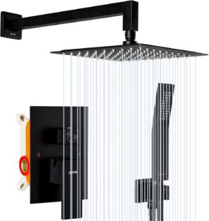 Gappo Matte Black Shower System Wall Mounted High Pressure 10 Inch Shower Faucet Set Rain Shower Head with Handheld Shower Fixtures, Rough-in Valve Included