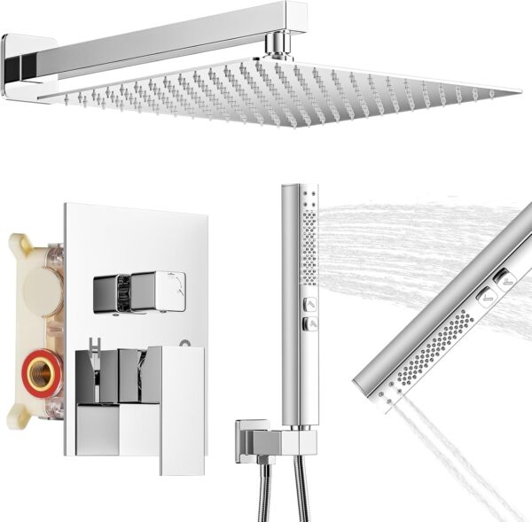 Shower Faucet Set, 12 Inch Polished Chrome Shower System, Wall Mounted Rain Shower Head with 2 in 1 Handheld Spray, Modern Square Shower Head Rainfall Shower Head System, Shower Valve Trim Kit