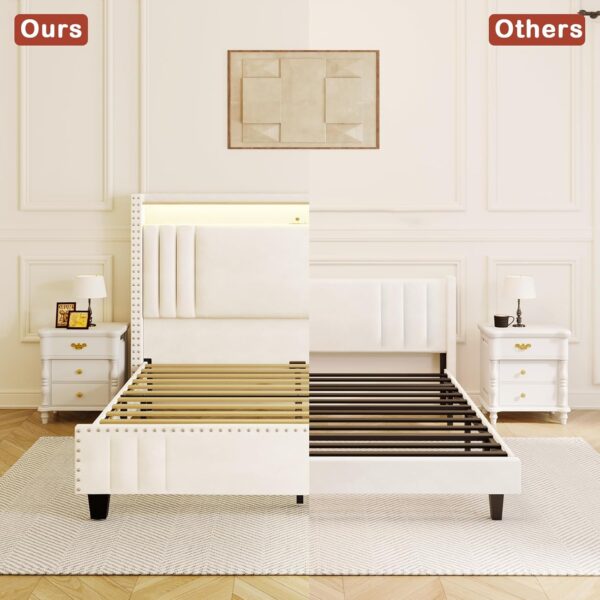 Queen Bed Frame with Tall Headboard & LED Light,Velvet Upholstered Bed Frame with Storage Headboard & Charging Station,Tufted Platform Bed Frame,No Box Spring Needed,Cream