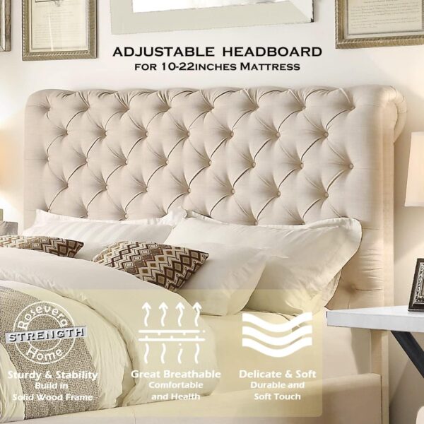 Rosevera Gideon Bed Frame/Fabric Upholstered Bed Frame with Adjustable Headboard/Chesterfield-Styled/Wood Slat Support/Easy Assembly,Queen,Beige