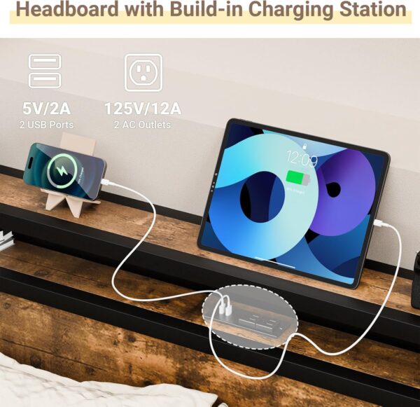 Queen Bed Frame with Charging Station, Queen Size Platform Bed Frame with Storage Shelf Headboard, Wood & Metal Queen-Size Bedframe, Noise-Free Base Foundation, No Box Spring Needed, Brown