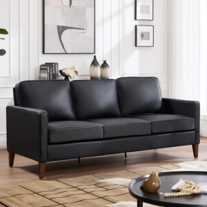 77” Mid Century Modern Sofa Couch, 3 Seater Faux Leather Couches for Living Room, Soft Padded Comfy Cushion, Small Sofa for Small Spaces, Apartment, Bedroom, Black